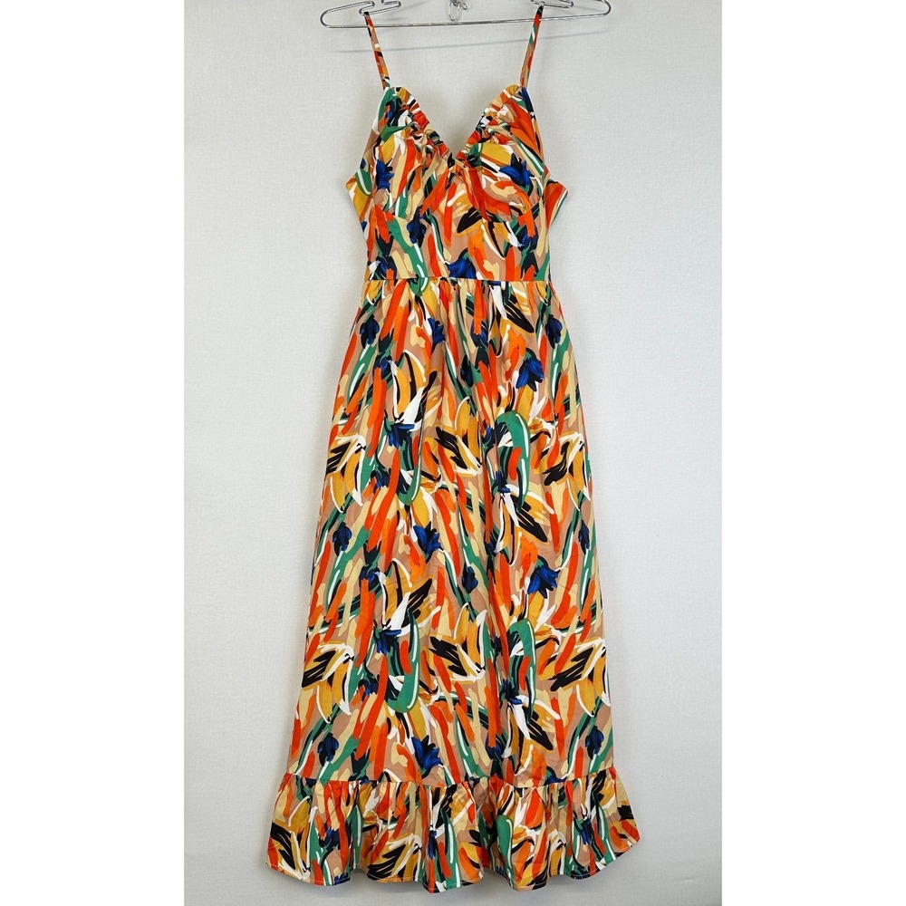 Commense Floral Midi Dress Tie Waist Sleeveless Women's XS